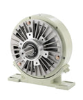 Front view of base-mounted electromagnetic powder brake with drive shaft, DC24V, green housing.
