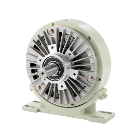 Front view of base-mounted electromagnetic powder brake with drive shaft, DC24V, green housing.