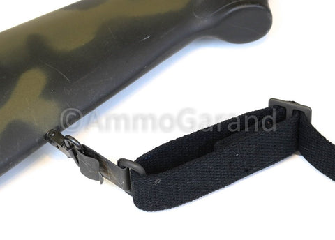 M1 Garand USGI Pattern Web Sling Two Point Black Cotton Made In USA shown attached to rifle stock with Parkerized steel hardware.