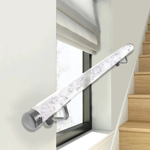 Top Notch Clear Acrylic Railing System Featuring Sleek Silver Brackets, adjustable acrylic handrail near stairs and window.
