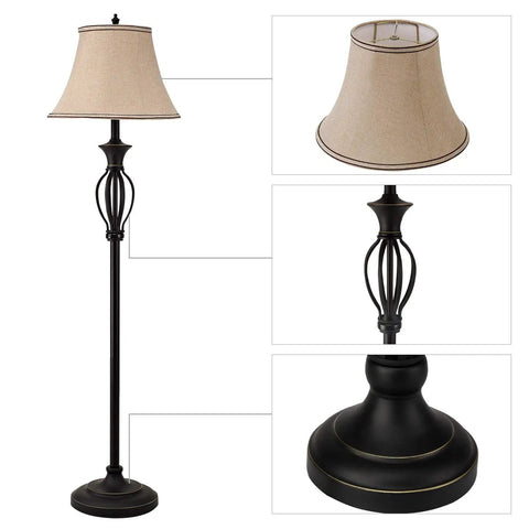 Three Piece Rustic Farmhouse Lamp Set With Beige Linen Shades, Black Metal Bases For A Cozy Living Room Vibe, floor lamp focus