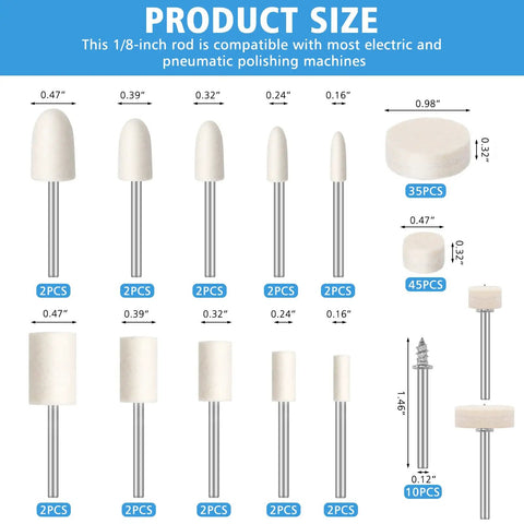 110 Piece Value Packed Buffing Wheel And Polishing Kit for Rotary Tools with various head sizes and 1/8 inch shank display
