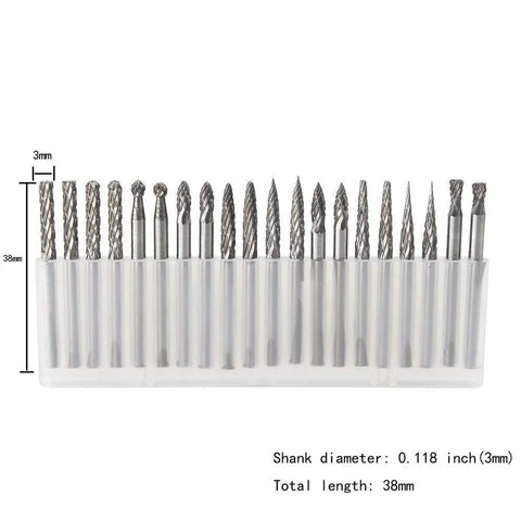 YUFUTOL 20-piece solid carbide burr set with 3mm shanks and assorted cutting heads, 38mm overall length