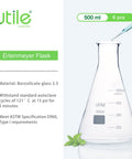 500 Milliliter Narrow Mouth Borosilicate Glass Grade 3 Point 3 Erlenmeyer Flask Set Six Pack Conical Lab Flasks With Printed Graduation For Lab Use Heavy Duty Glassware, 500 ml flask with graduations