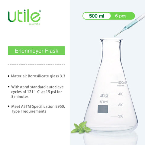 500 Milliliter Narrow Mouth Borosilicate Glass Grade 3 Point 3 Erlenmeyer Flask Set Six Pack Conical Lab Flasks With Printed Graduation For Lab Use Heavy Duty Glassware, 500 ml flask with graduations