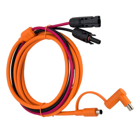 Tough Outdoor Solar Power Cable With Dual DC Connectors 8.0x2.0mm And 7.9x0.9mm For Secure Device Charging, Reliable Energy Transfer, And Protecting Sensitive Electronics During Outdoor Use, coiled with orange PVC jacket