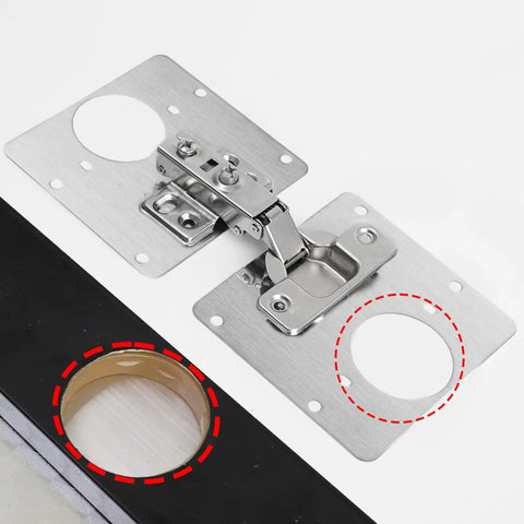 Heavy Duty Stainless Steel Cabinet Hinge Repair Plate Kit With Five Pre Drilled Holes And Matching Screws No Sweat Quick Fix For Busted Wooden Door Hardware On Kitchen Cabinets Today, showing hinge and drill holes.