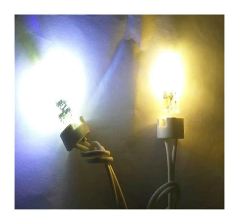 Close-up of two glowing G4 Base 6V DC 1W Microscope LED Lamp 2 Pack White 6000K High CRI, showing cool and warm light colors.