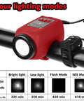 Two In One Bike Horn And Light With 110 Decibel Siren, Four lighting modes displayed, mounted on a handlebar.