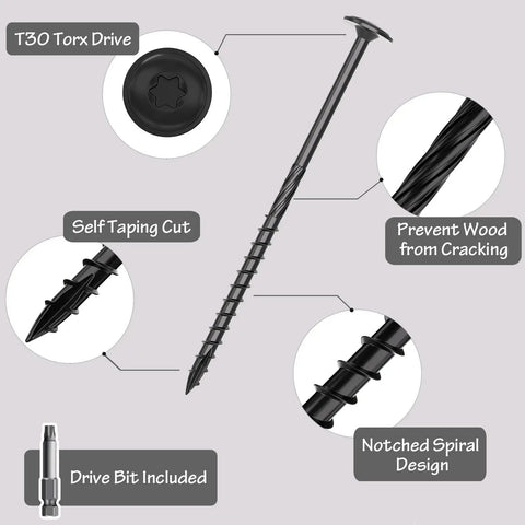 Heavy Duty 14X6 Inch Wood Screws 50 Pack TStar Drive with T30 Torx drive, self-tapping cut, and notched spiral design.