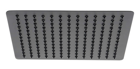 Ultra Thin 12 Inch Square Rain Shower Head in Solid Stainless Steel Brushed Finish that Looks Like Brushed Nickel, bottom view.