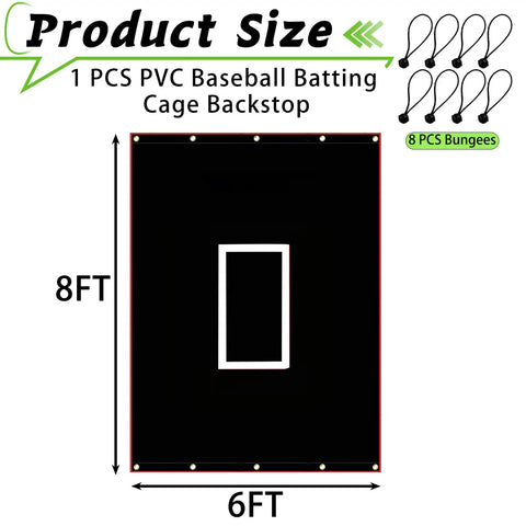 Diagram showing Portable 6x8 Ft Baseball Batting Backstop with Quick Setup PVC Vinyl Backdrop Target and 8 durable bungees.