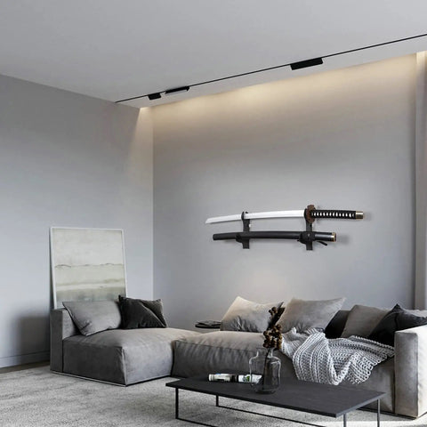 Katana Wall Mount Stand With 2 Tier Plexiglass Display Black Sword Holder in modern living room decor above sofa