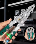 Pro Grade 18 In 1 Folding Electrical Pliers With Stylus Screwdriver And Voltage Tester, stainless steel, in hand, for cable cutting and crimping.