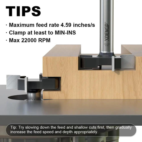 Close-up of CNC Spoilboard Surfacing Planer Router Bit 1/2 Inch Shank 2 Inch Cutting Diameter in use on wood slab