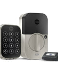 Slick Satin Nickel Smart Deadbolt Featuring Bump Proof Touchscreen Keypad with remote access for secure home entry.