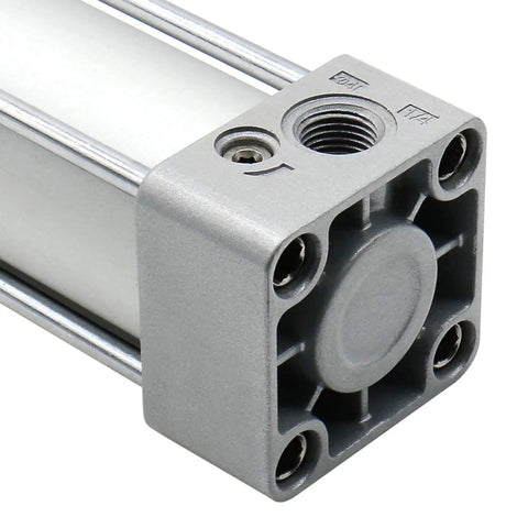 Close-up of Tie Rod Pneumatic Air Cylinder 40mm Bore 500mm Stroke, showcasing the heavy-duty end cap and connection port.