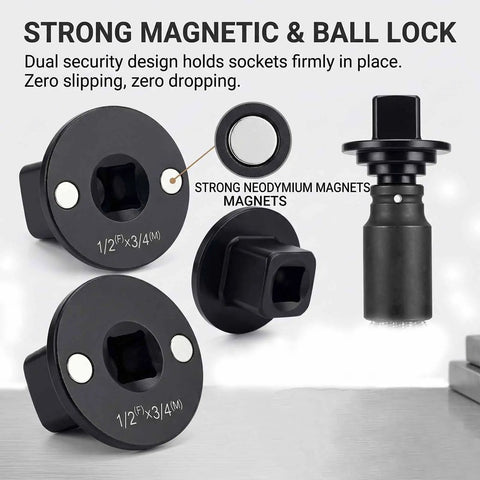 Ultra Low Profile Impact Socket Adapter Set 4 Pcs Magnetic Drive Reducer Kit Fits Tight Spades For Auto Repair Heavy Duty Sizes Including 1 Inch To 3/4 Inch And More, 1/2 to 3/4 in