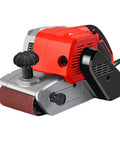 Portable Mini Belt Sander For Woodworking Home Use All Copper Motor High Speed Flat Grinder with a red body and sanding belt.