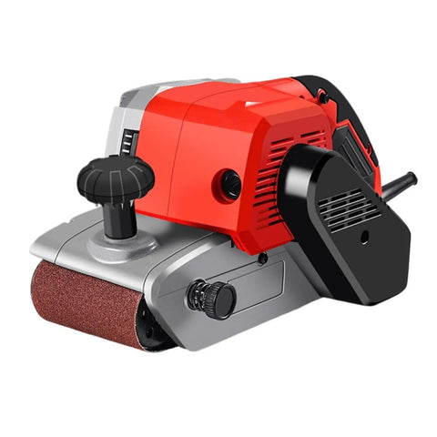 Portable Mini Belt Sander For Woodworking Home Use All Copper Motor High Speed Flat Grinder with a red body and sanding belt.