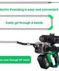 Heavy Duty Cordless Electric Pipe Threader Tool showcasing easy electric threading through 90° bends with a portable design.