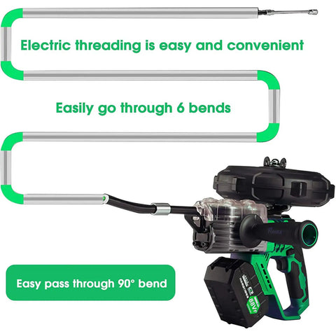 Heavy Duty Cordless Electric Pipe Threader Tool showcasing easy electric threading through 90° bends with a portable design.