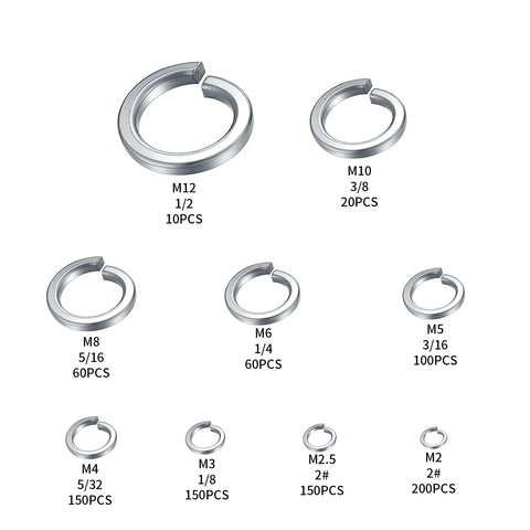 Stainless steel split lock washer set by Amazon; assorted sizes M2–M12 with per size counts