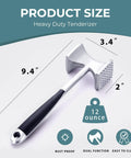 Meat Tenderizer Hammer With Comfortable Grip Handle Dual Sided Mallet, 9.4" heavy duty pounder, ergonomic design, product size.
