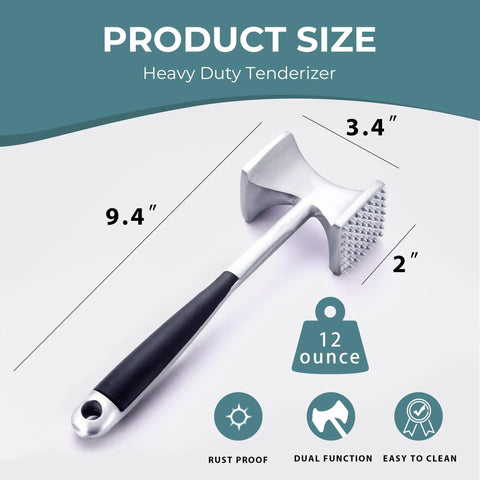 Meat Tenderizer Hammer With Comfortable Grip Handle Dual Sided Mallet, 9.4" heavy duty pounder, ergonomic design, product size.