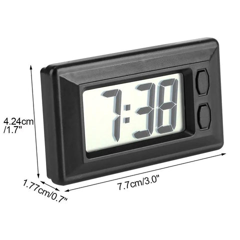 Ultra Thin Digital Clock With Wide Lcd Panel And Adhesive Mount For Car Dashboard Home Desk Ride Ready shown in size with clear display.