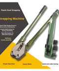 Heavy Duty Manual PET Strapping Machine With Reinforced Steel Banding Tool Tensioner, green handheld strapping device for industrial use.