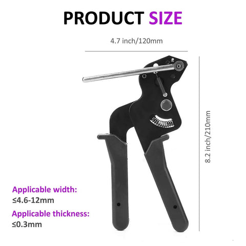 Heavy Duty Stainless Steel Zip Ties Cutter And Cable Tie Gun Portable Tension Tool dimensions shown in inches and mm