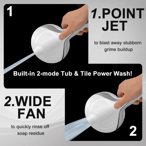 Dual image showing water jets of a 10-mode handheld from 12 Inch High Pressure Rain Shower Head With 11 Inch Extension Arm And 10 Mode Handheld Shower Kit