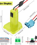 Dimensions of Ryobi 18V Battery Adapter For Power Wheels And DIY RC Cars, with fuse, switch, wire harness details.