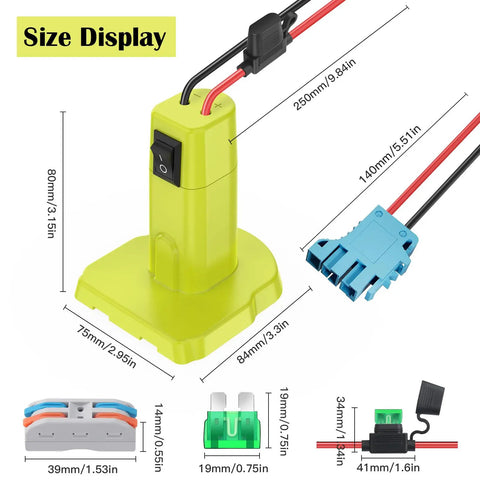 Dimensions of Ryobi 18V Battery Adapter For Power Wheels And DIY RC Cars, with fuse, switch, wire harness details.