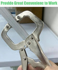 Close-up of Beefy Heavy Duty 4 Piece Locking C Clamp Set with Swivel and Fixed Pads gripping metal bar