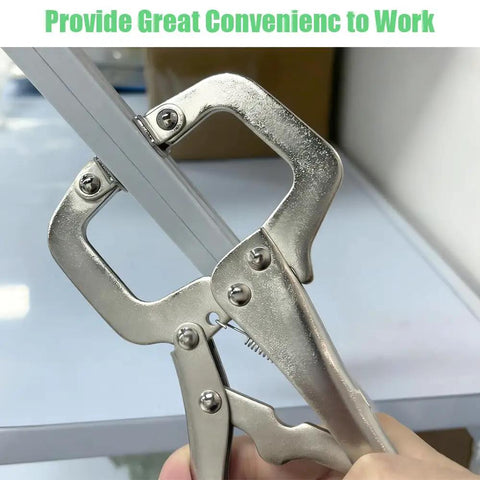 Close-up of Beefy Heavy Duty 4 Piece Locking C Clamp Set with Swivel and Fixed Pads gripping metal bar