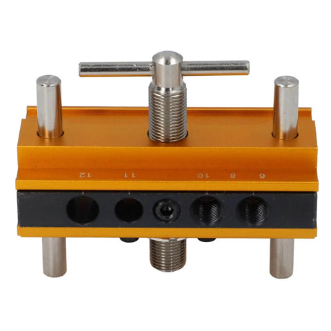 Auto Centering Dowel Jig Kit With Adjustable Drill Guide From 0.4 To 2.4 Inches Wide Six Bushings Gold Finish Front View