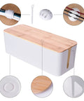 Front view of 2 Pack Large Cable Management Box Set With Wooden Style Cord Organizer And Cover For TV Wires, Computer, Router, USB Hub And Under Desk Power Strip, Safe ABS Material, Baby And Pet Proof Lock, White.