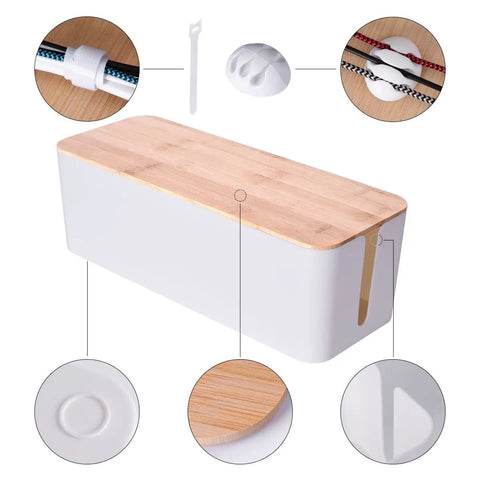 Front view of 2 Pack Large Cable Management Box Set With Wooden Style Cord Organizer And Cover For TV Wires, Computer, Router, USB Hub And Under Desk Power Strip, Safe ABS Material, Baby And Pet Proof Lock, White.