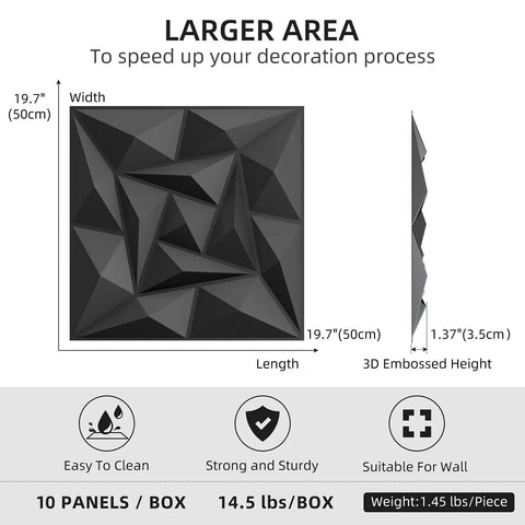 Dope 3D Black PVC Wall Panels for Modern Interiors size and durability infographic