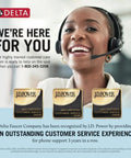 Customer service representative with headset, JD Power awards, Delta logo, "We're Here for You" text