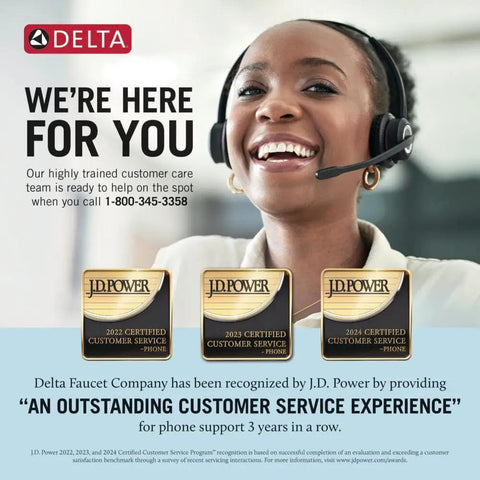Smiling customer service representative with headset next to JD Power awards and Delta Faucet customer support info.