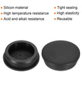 Three-Piece T-Shaped Silicone Plugs With 51.3 Mm Diameter Black round rubber stoppers shown open and closed on white background