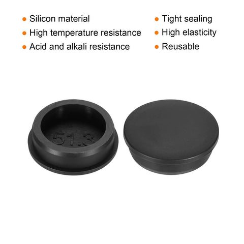 Three-Piece T-Shaped Silicone Plugs With 51.3 Mm Diameter Black round rubber stoppers shown open and closed on white background