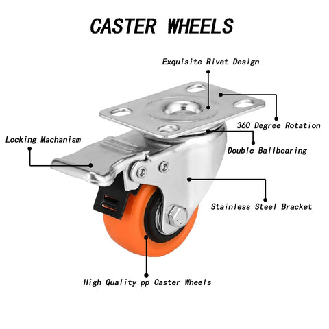 Two Inch Caster Wheels Set Of Four With Locking Swivel Casters Heavy Duty Load Capacity Up To 600 Lbs; detailed view with labels