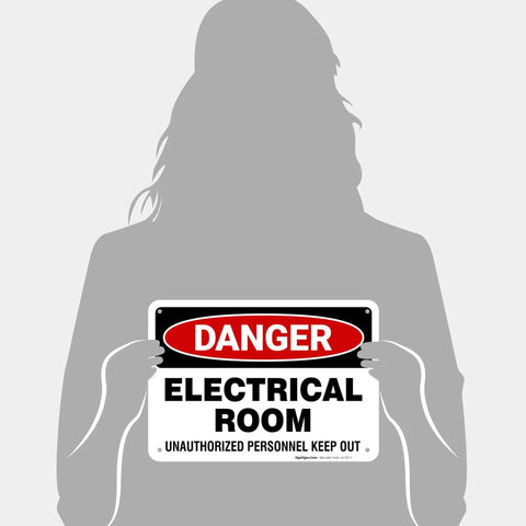 Hella Tough Aluminum Electrical Room Sign For Indoor And Outdoor Areas Killer Rust Proof Coating Zero Fuss Wall Mount Held by a person.