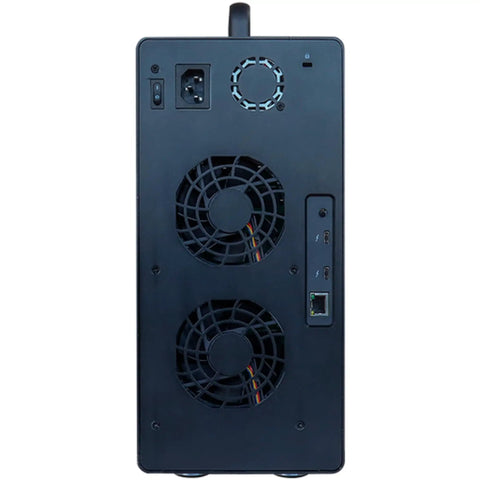 Back view of Heavy Duty 8 Bay Thunderbolt 3 Raid Enclosure Supporting Full Raid Arrays With 40 Gbps Bandwidth Dual Usb Type C Ports And Hot Swappable Trays Crafted For Hardcore Pros Demanding Lightning Fast Data Handling, showing dual fans and connectivity ports.