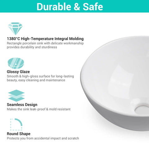 12 Inch Round Porcelain Vessel Sink With Pop Up Drain For Above Counter Vanity, Minimalist Modern White Basin, Easy Clean Ceramic Bowl features including durable glaze, seamless design, and round shape