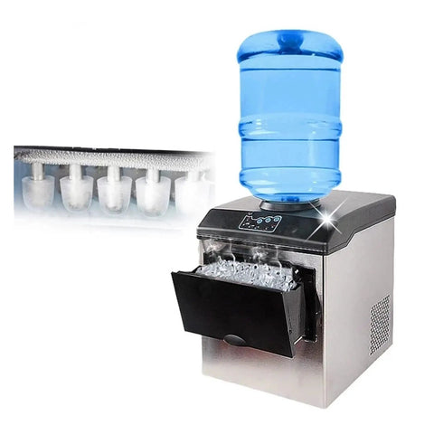 Pro Hustle Electric Countertop Bullet Ice Maker Machine For Home RV Campsite with blue water barrel filled for quick ice.